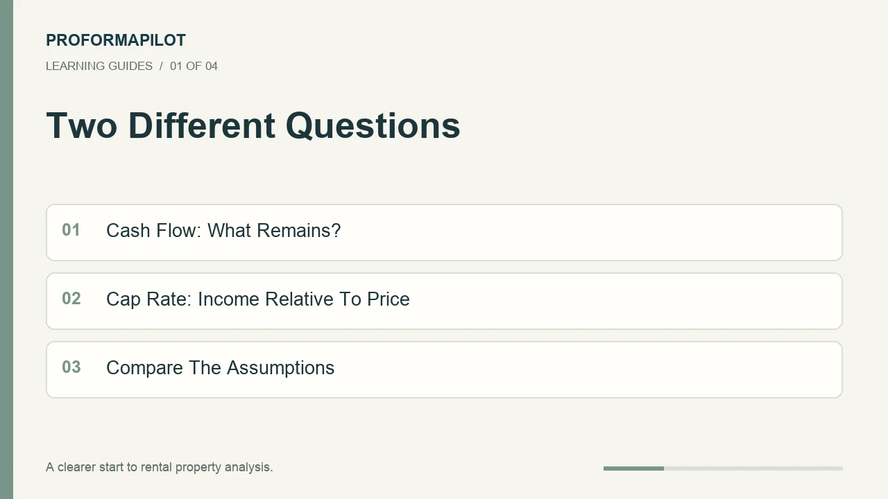 Two Different Questions: Cash Flow: What Remains?; Cap Rate: Income Relative To Price; Compare The Assumptions