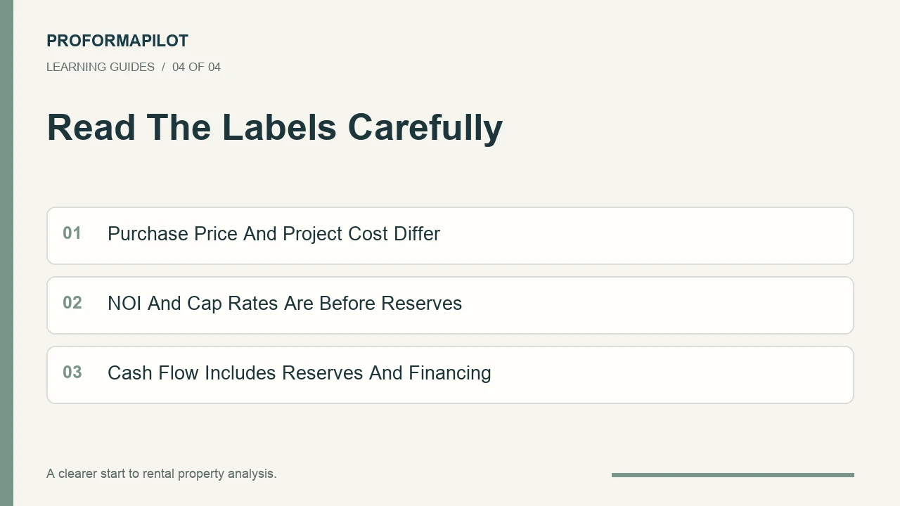 Read The Labels Carefully: Purchase Price And Project Cost Differ; NOI And Cap Rates Are Before Reserves; Cash Flow Includes Reserves And Financing