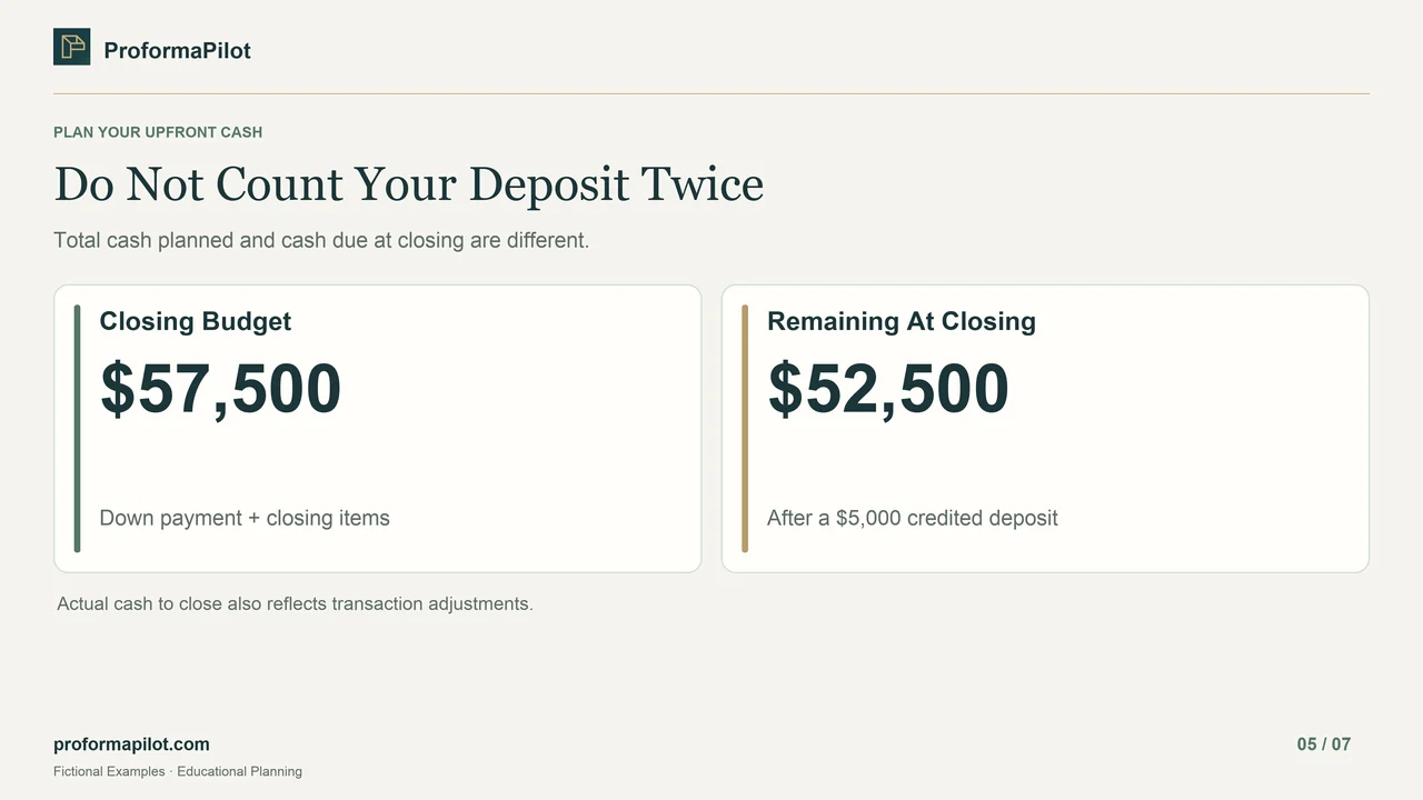 Do Not Count Your Deposit Twice: Total cash planned and cash due at closing are different.