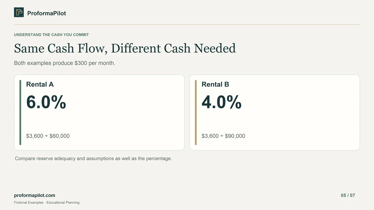 Same Cash Flow, Different Cash Needed: Both examples produce $300 per month.