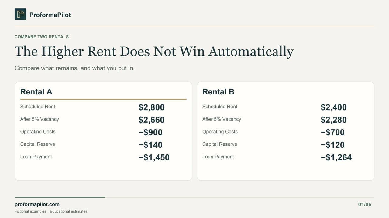 The Higher Rent Does Not Win Automatically: Compare what remains, and what you put in.