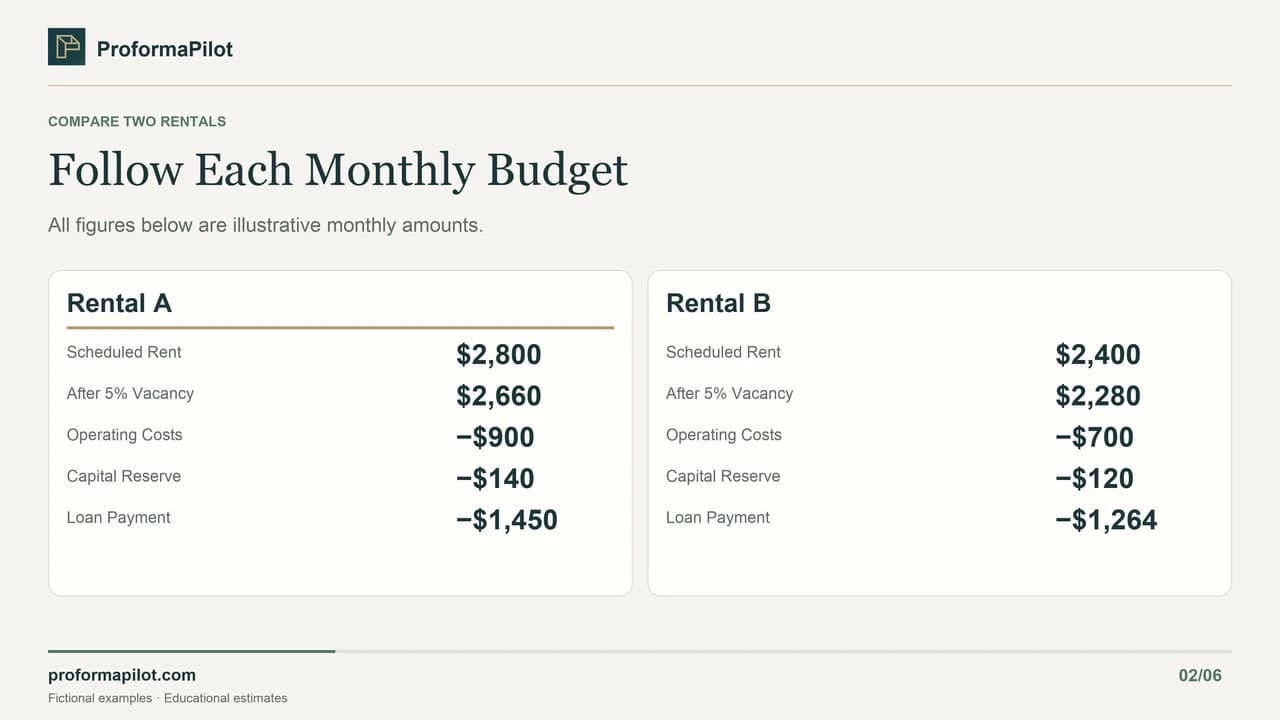 Follow Each Monthly Budget: All figures below are illustrative monthly amounts.
