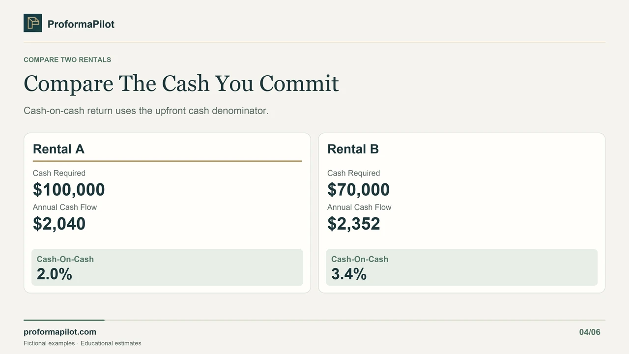 Compare The Cash You Commit: Cash-on-cash return uses the upfront cash denominator.
