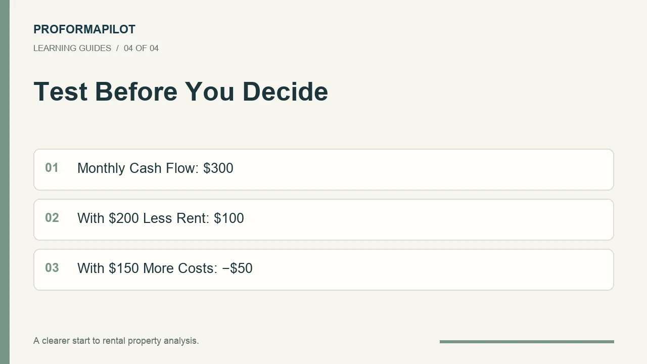 Test Before You Decide: Monthly Cash Flow: $300; With $200 Less Rent: $100; With $150 More Costs: −$50