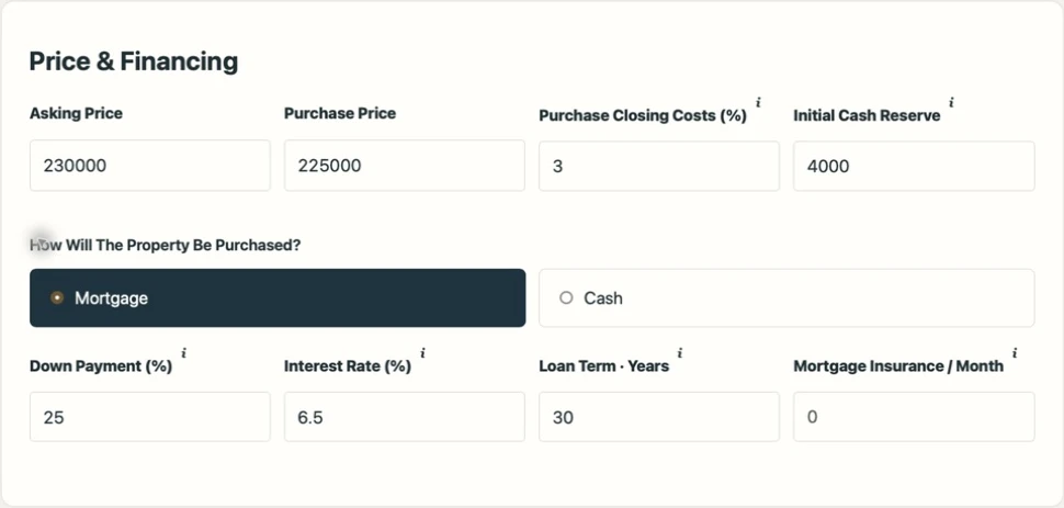 Enter purchase and financing assumptions