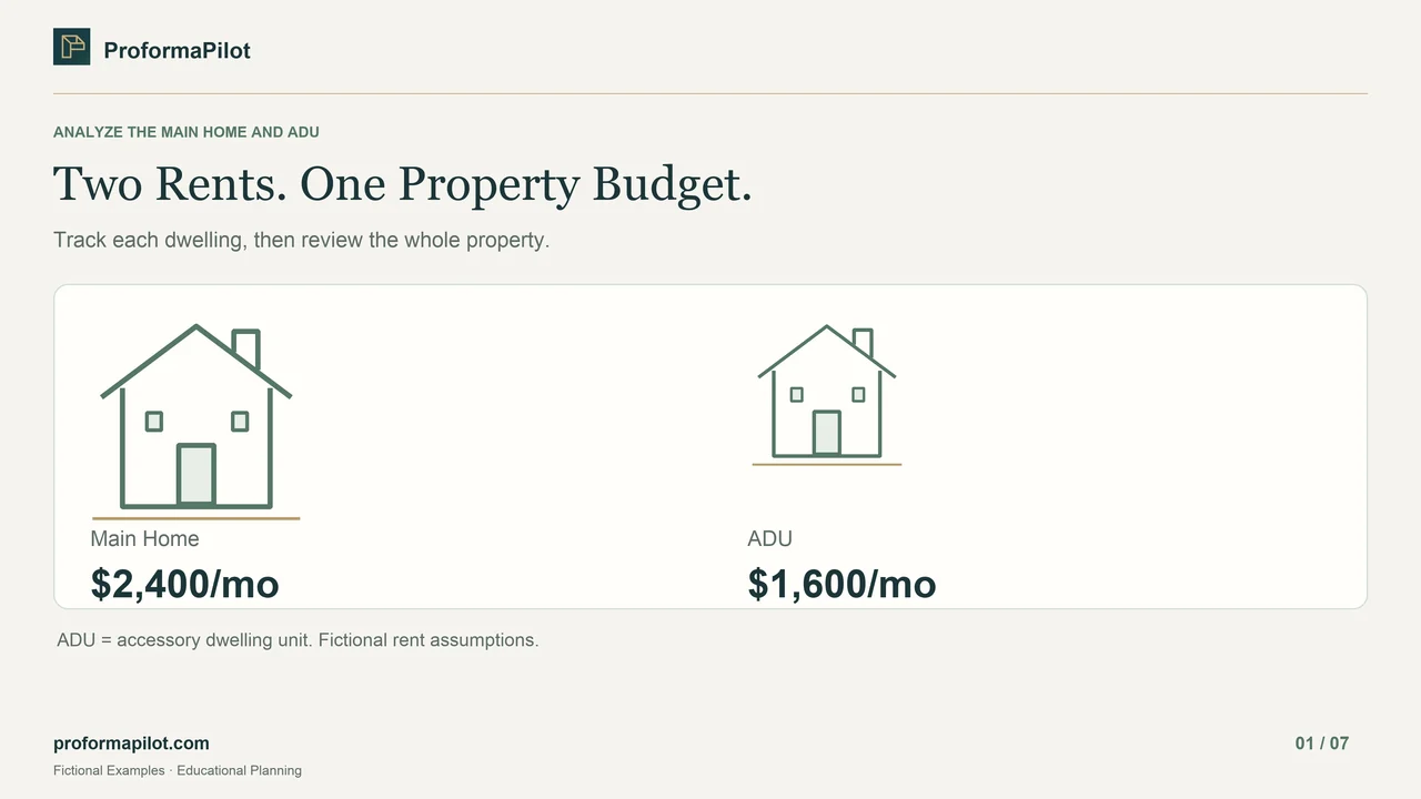 Two Rents. One Property Budget.: Track each dwelling, then review the whole property.