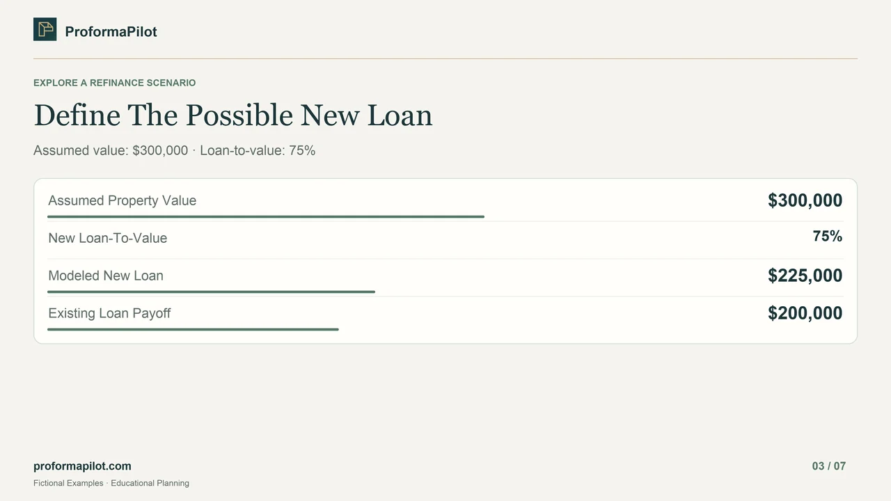 Define The Possible New Loan: Assumed value: $300,000 · Loan-to-value: 75%