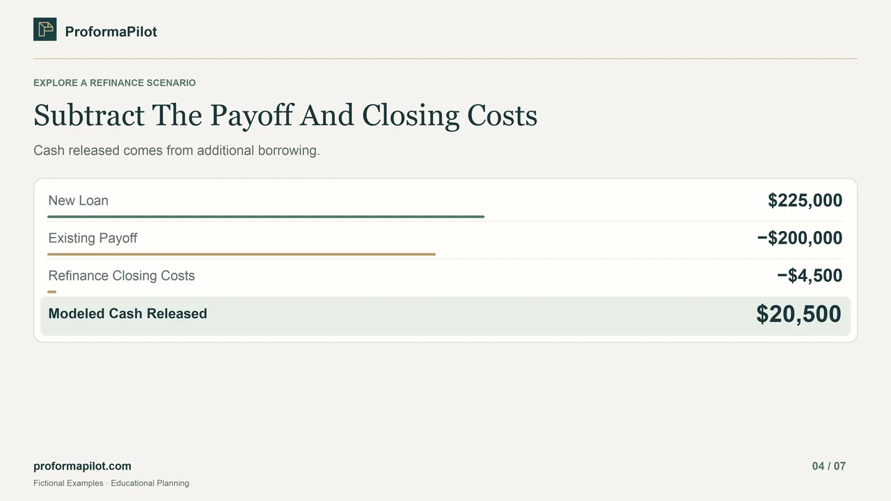 Subtract The Payoff And Closing Costs: Cash released comes from additional borrowing.