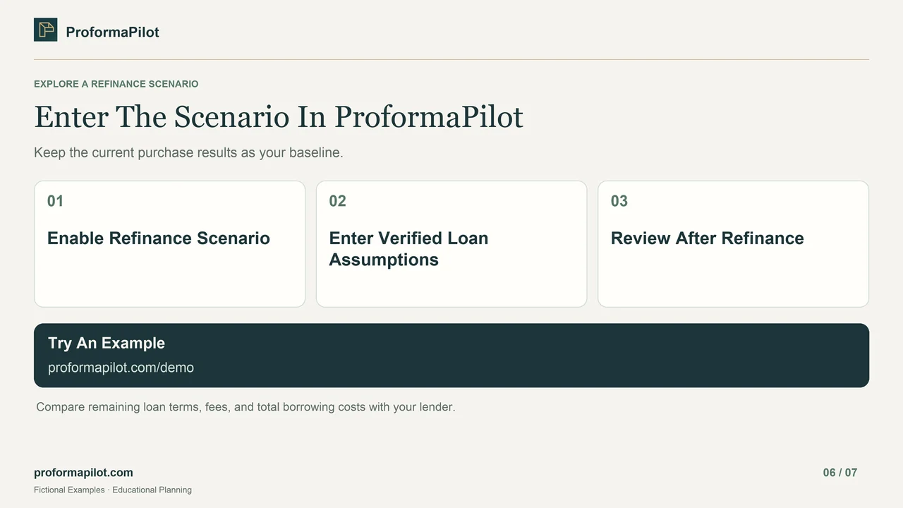 Enter The Scenario In ProformaPilot: Enable Refinance Scenario; Enter Verified Loan Assumptions; Review After Refinance
