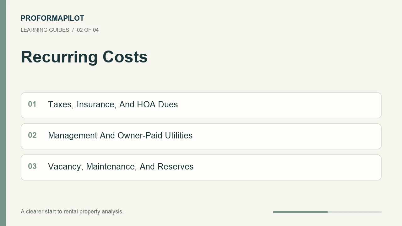 Recurring Costs: Taxes, Insurance, And HOA Dues; Management And Owner-Paid Utilities; Vacancy, Maintenance, And Reserves