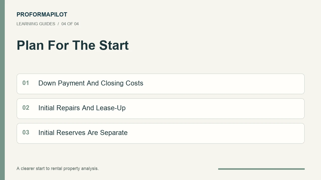 Plan For The Start: Down Payment And Closing Costs; Initial Repairs And Lease-Up; Initial Reserves Are Separate